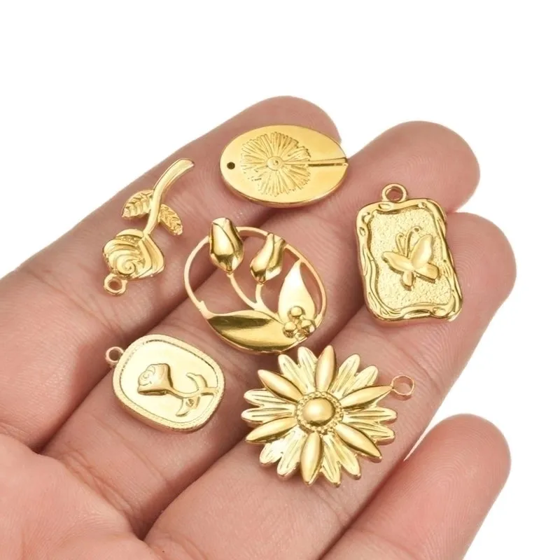 10 Pcs/package Simple Style Rose Flower Butterfly Stainless Steel Plating Pendant Jewelry Accessories