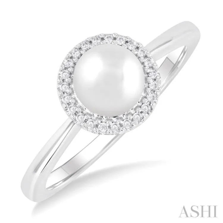 1/20 Ctw Petite 6 MM Cultured Pearl and Round Cut Diamond Halo Fashion Ring in 10K White Gold