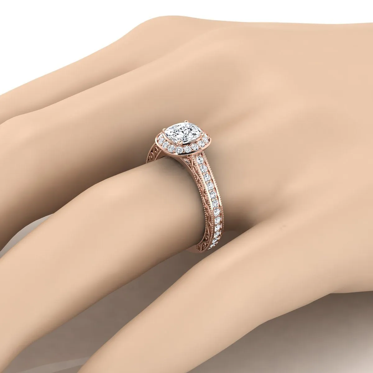 14K Rose Gold Cushion Hand-Engraved Delicate Diamond Milgrain Engagement Ring -1/2ctw