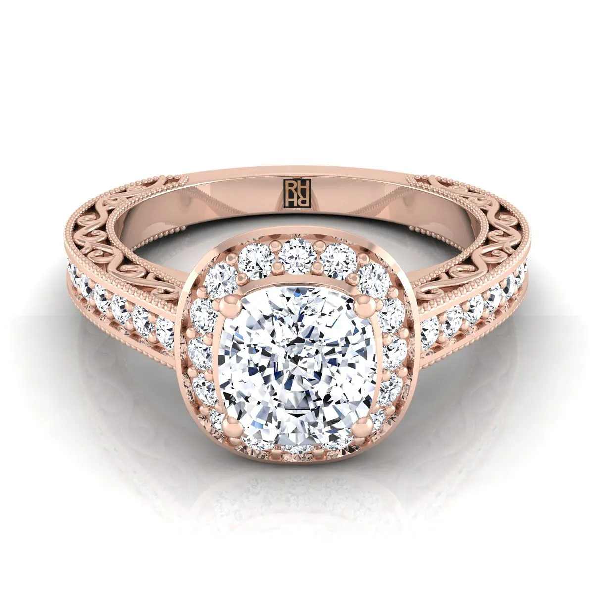 14K Rose Gold Cushion Hand-Engraved Delicate Diamond Milgrain Engagement Ring -1/2ctw