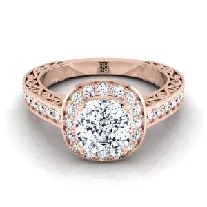 14K Rose Gold Cushion Hand-Engraved Delicate Diamond Milgrain Engagement Ring -1/2ctw