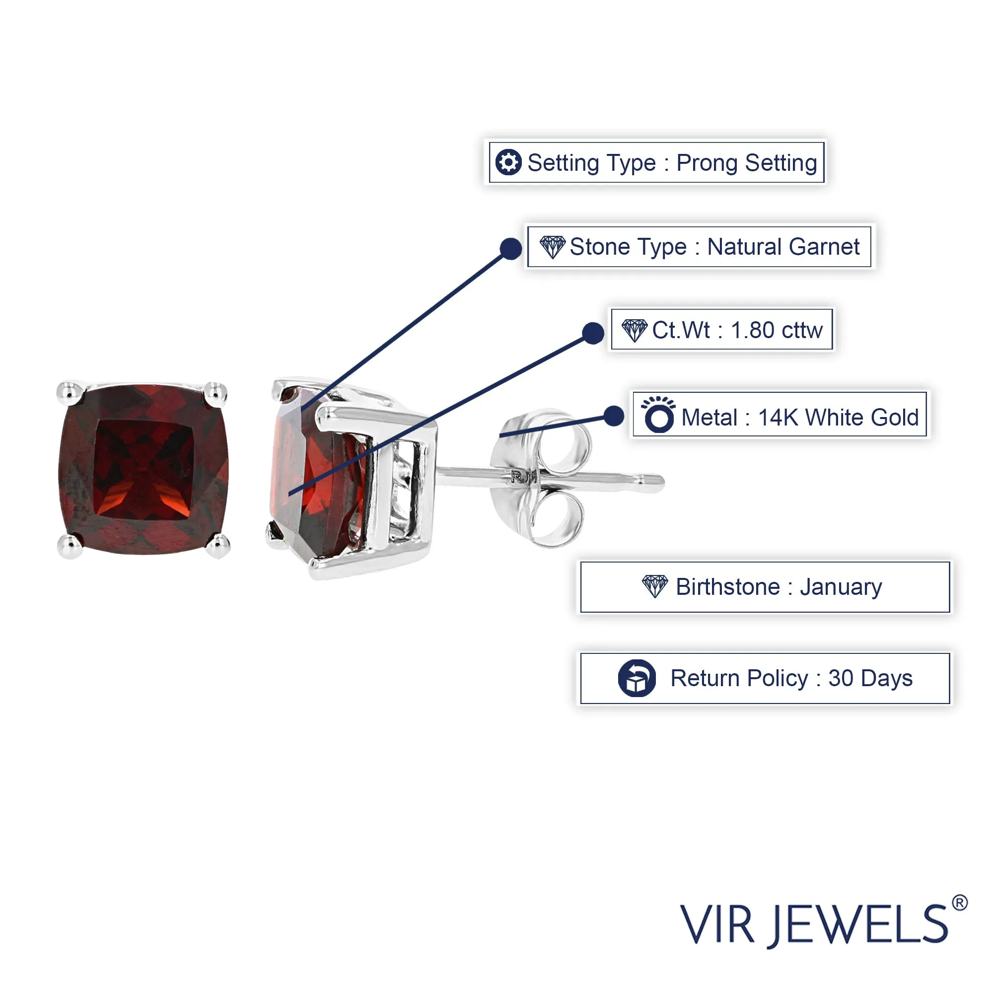 1.80 cttw 6 MM Garnet Stud Earrings 14K White Gold Cushion Cut with Push Backs January Birthstone