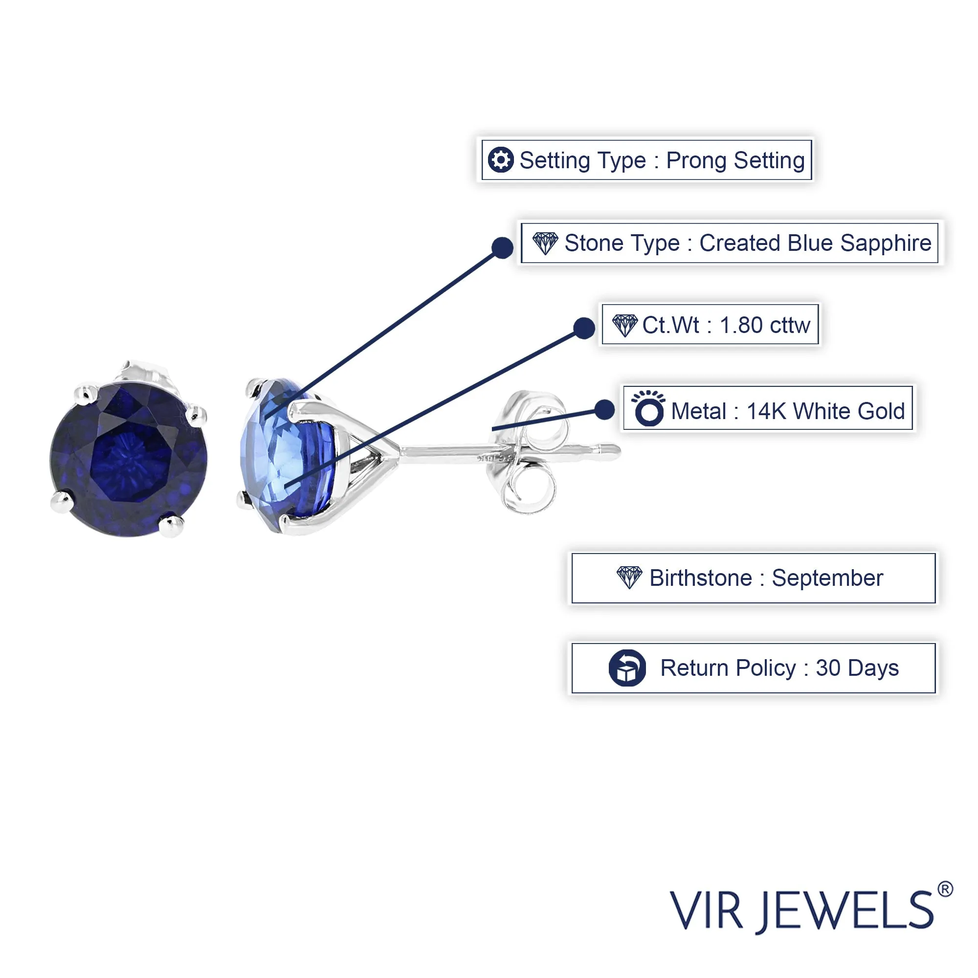 1.80 cttw Created Blue Sapphire Stud Earrings 14K White Gold 6 MM Round with Push Backs September Birthstone