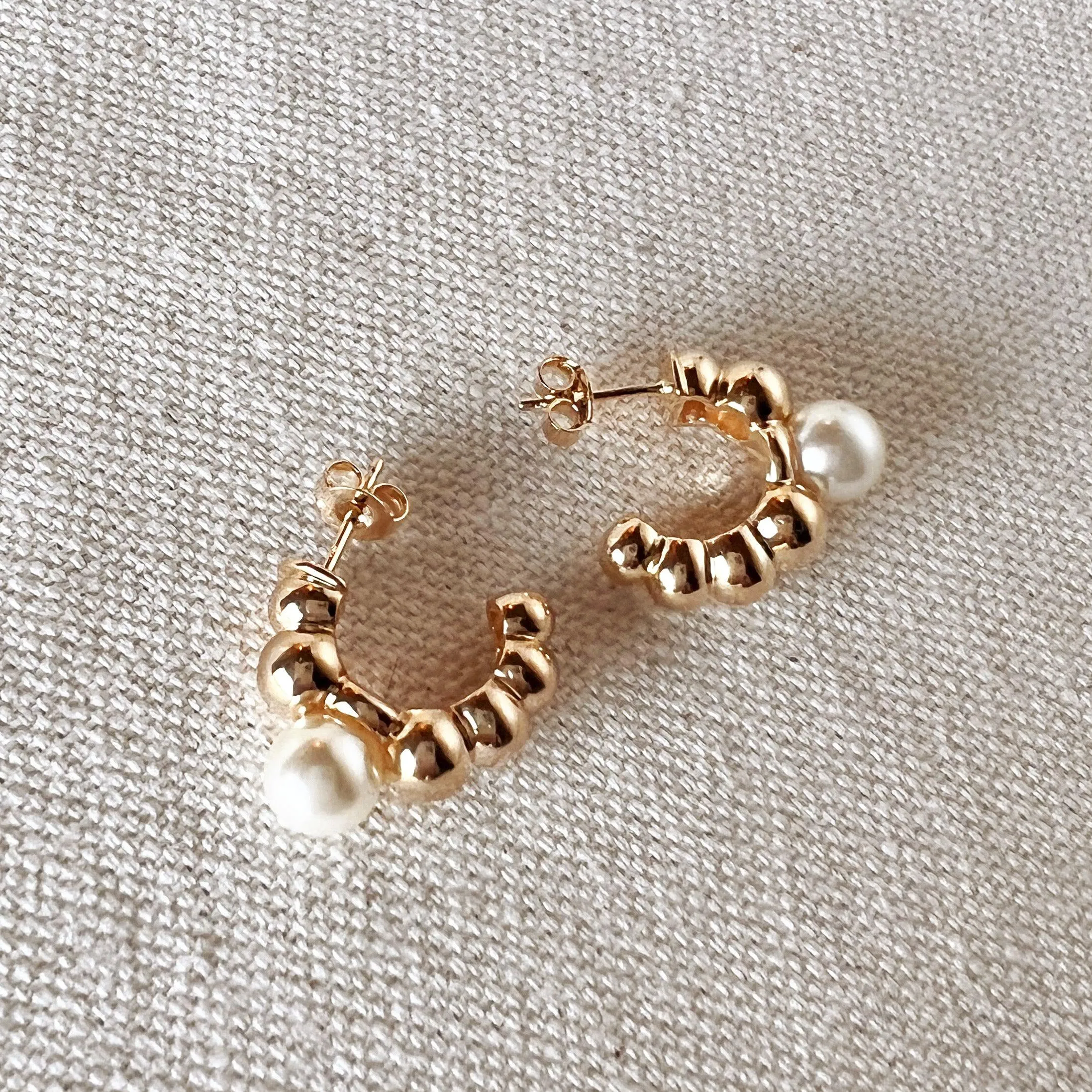 18k Gold Filled Beaded C-Hoop With Simulated Pearl