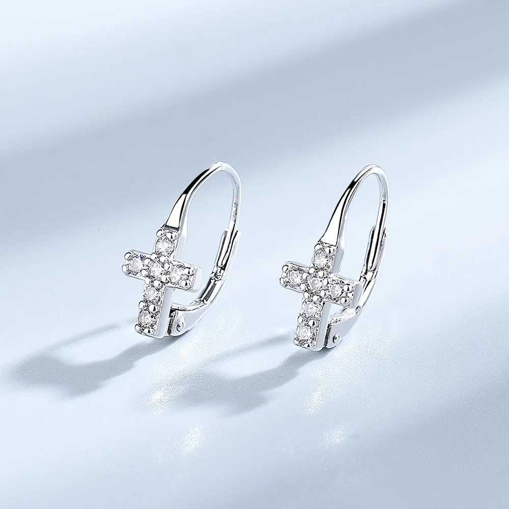 18K white Gold Crystal Cross Omega Lever back Earrings