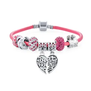 2 Piece Best Friend Heart Charm Bracelet Pink Leather & Silver Clasp 6.5-8.5In