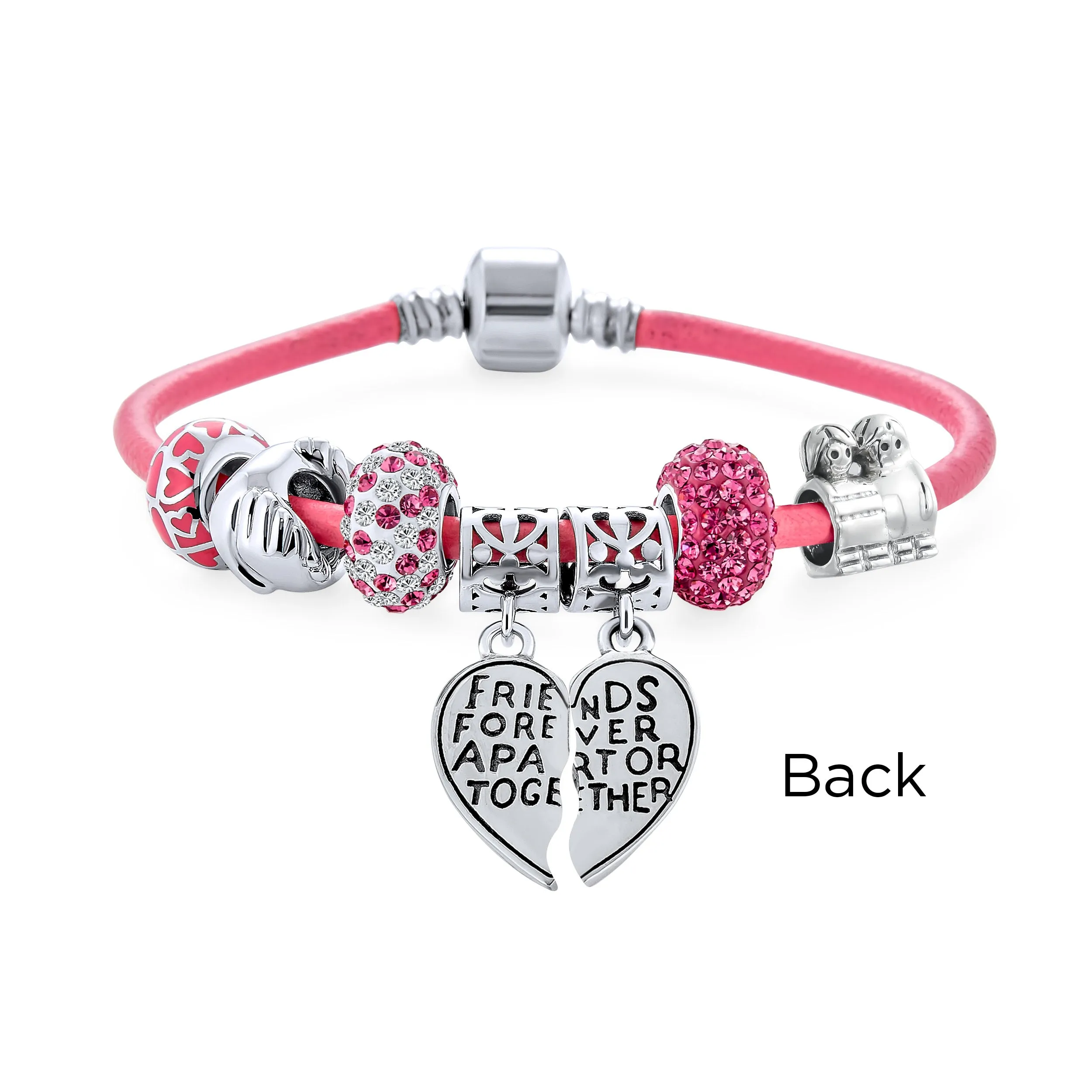 2 Piece Best Friend Heart Charm Bracelet Pink Leather & Silver Clasp 6.5-8.5In