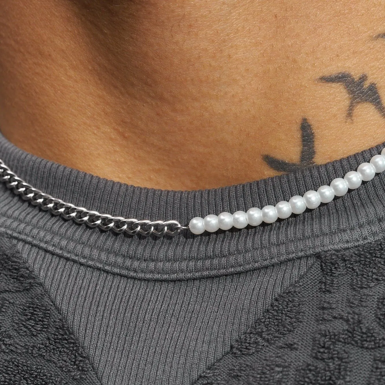 4mm Half Pearl & Cuban Necklace - White Gold (MENS)