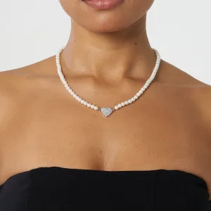 5mm Iced Heart Motif Pearl Necklace - White Gold