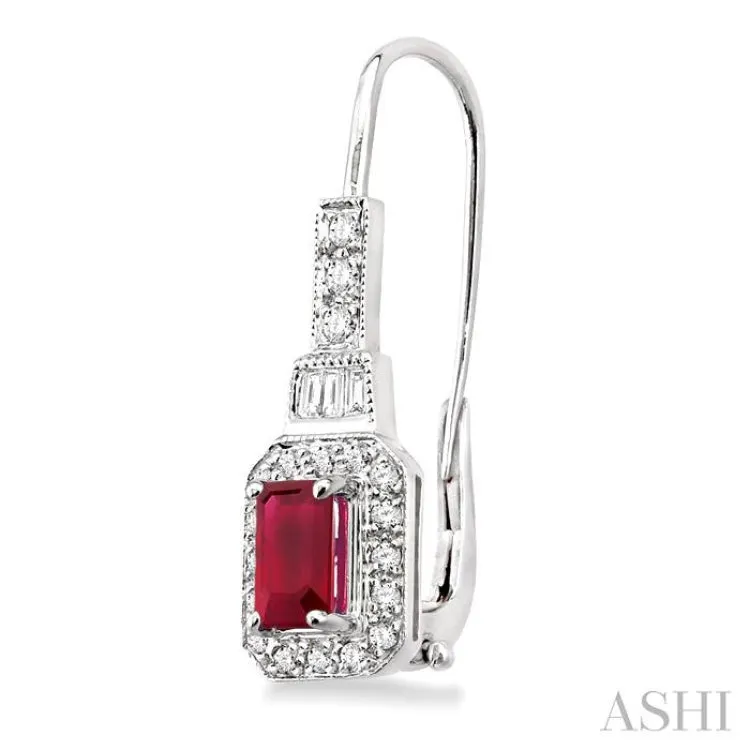 6x4 MM Emerald Shape Ruby and 1/2 Ctw Baguette and Round Cut Diamond Earrings in 14K White Gold