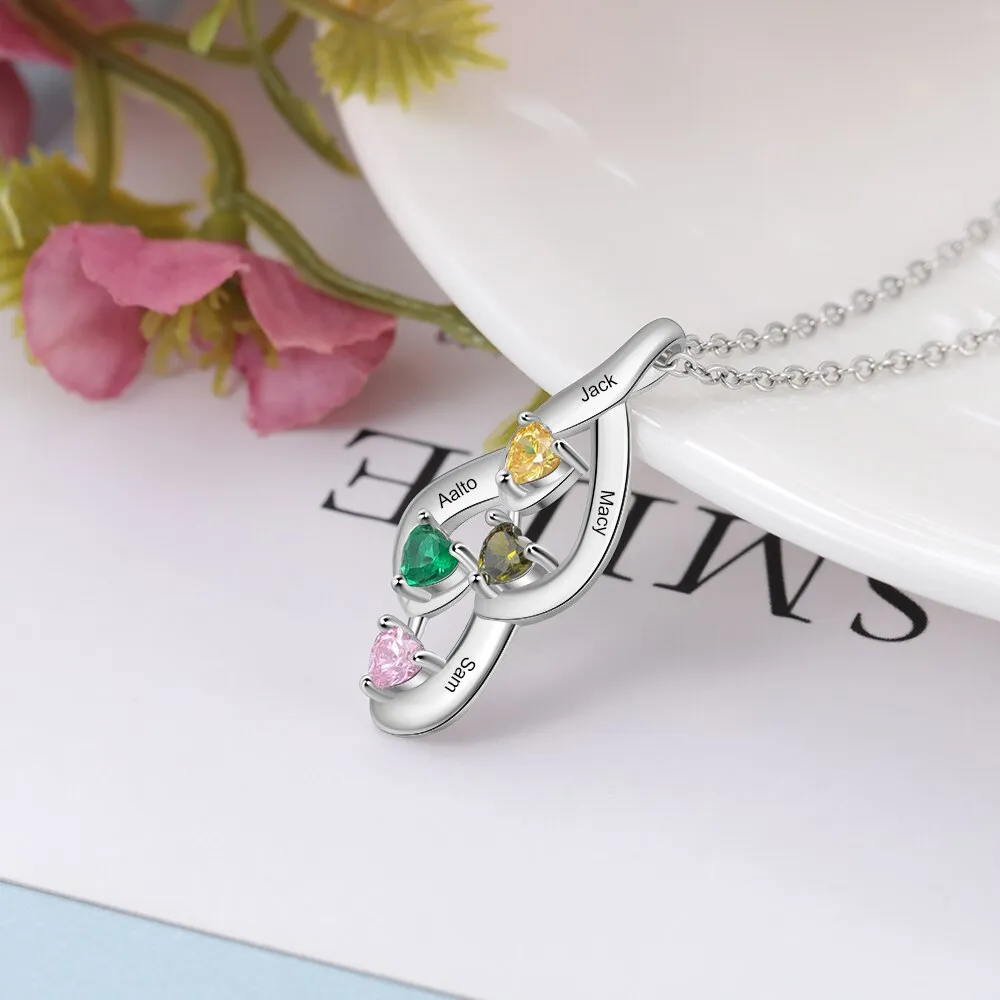 925 Sterling Silver Mother Necklace with 4 Custom Birthstones Name Heart Necklaces