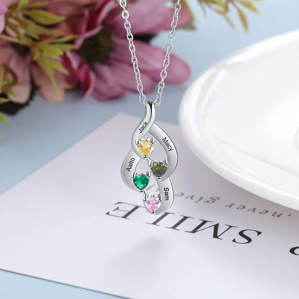 925 Sterling Silver Mother Necklace with 4 Custom Birthstones Name Heart Necklaces