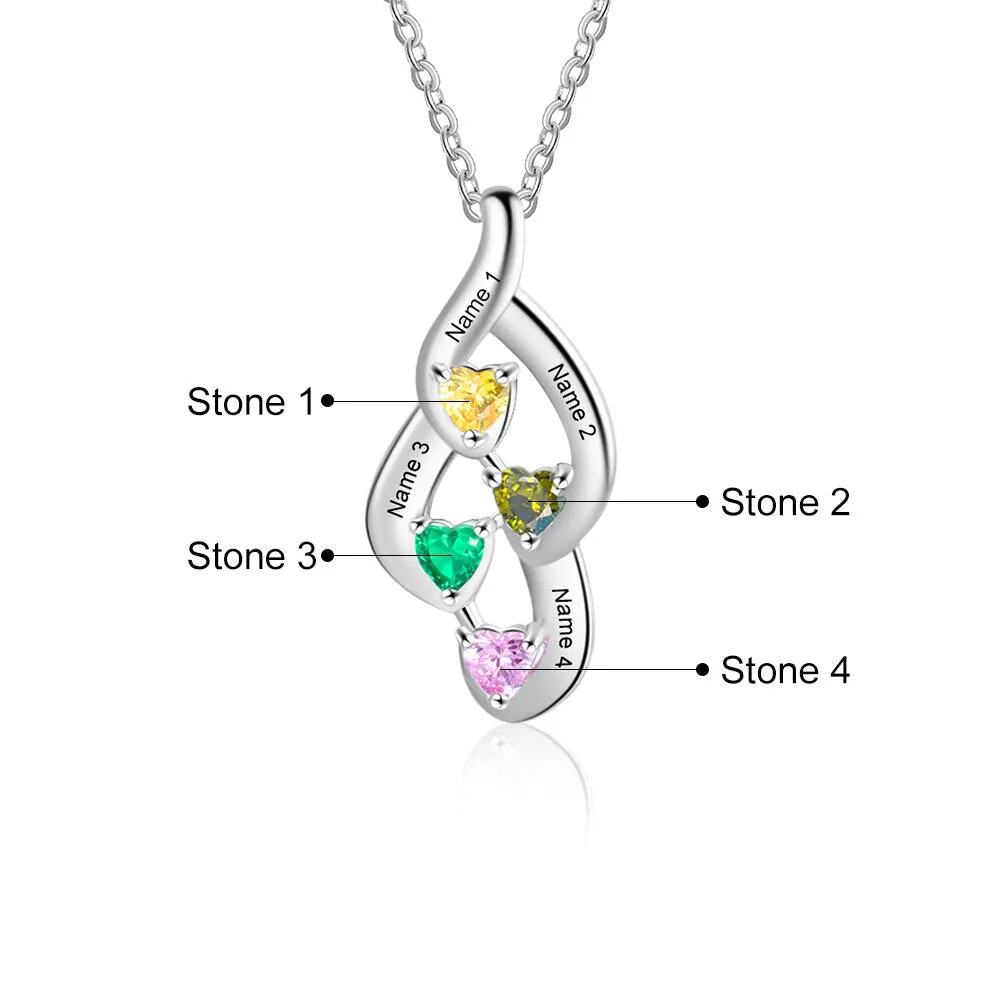 925 Sterling Silver Mother Necklace with 4 Custom Birthstones Name Heart Necklaces