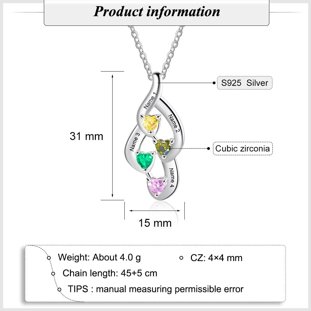 925 Sterling Silver Mother Necklace with 4 Custom Birthstones Name Heart Necklaces