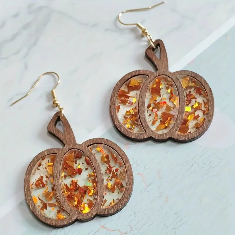 Acrylic Glitter And Wood Pumpkin Earrings