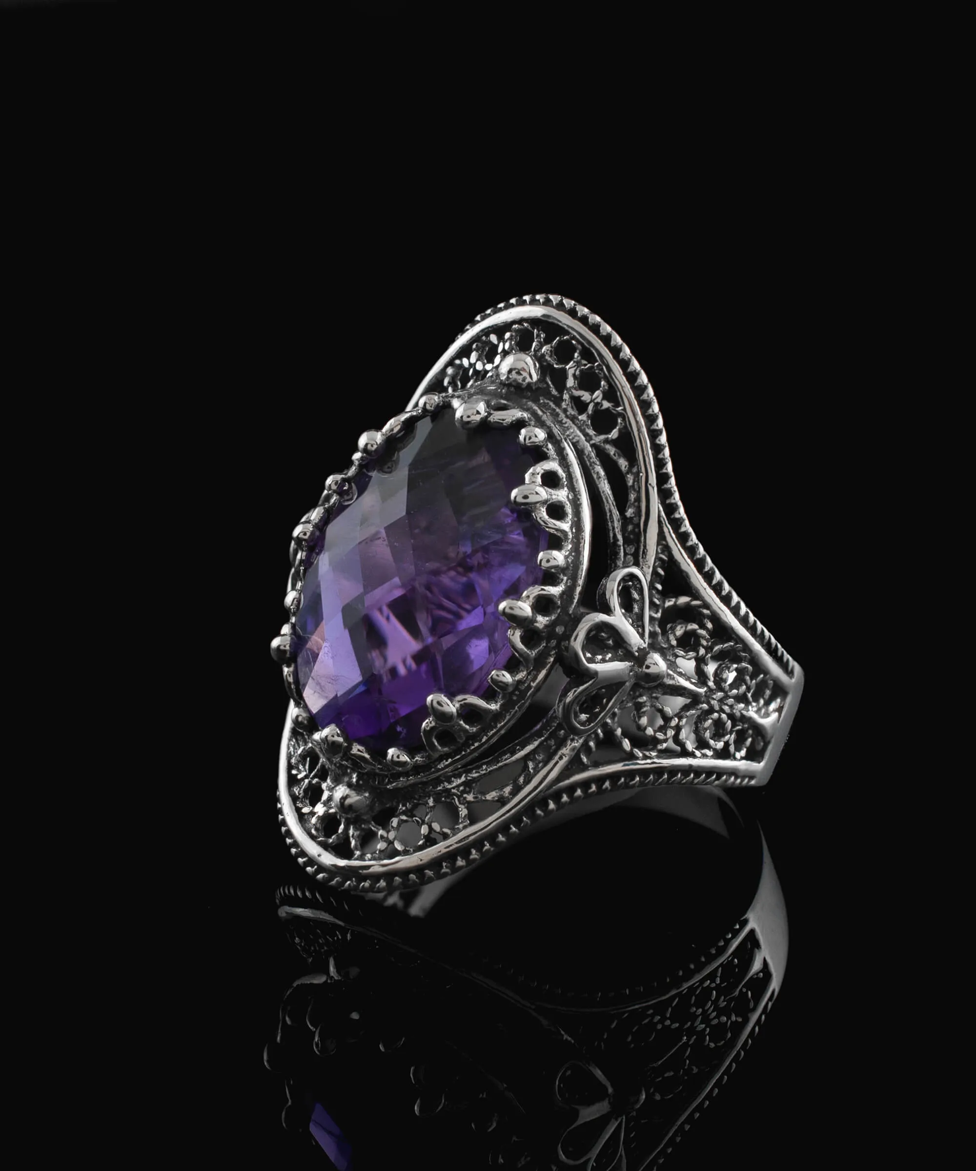 Amethyst Gemstone Filigree Art Women Silver Statement Ring