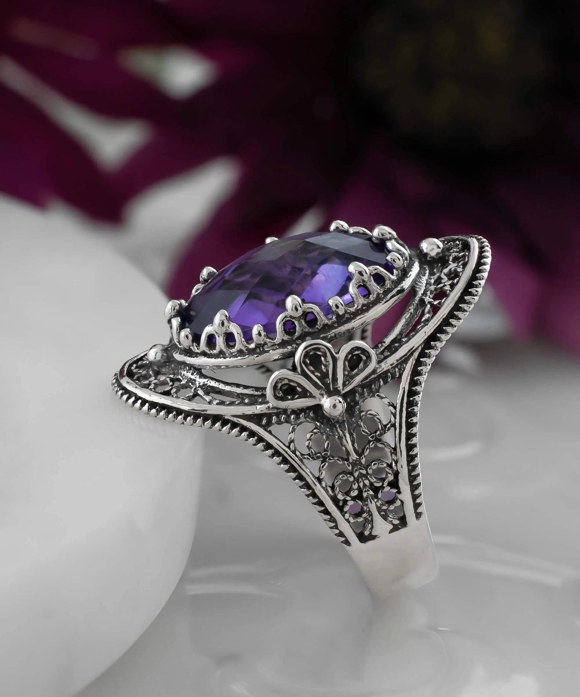 Amethyst Gemstone Filigree Art Women Silver Statement Ring