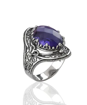 Amethyst Gemstone Filigree Art Women Silver Statement Ring