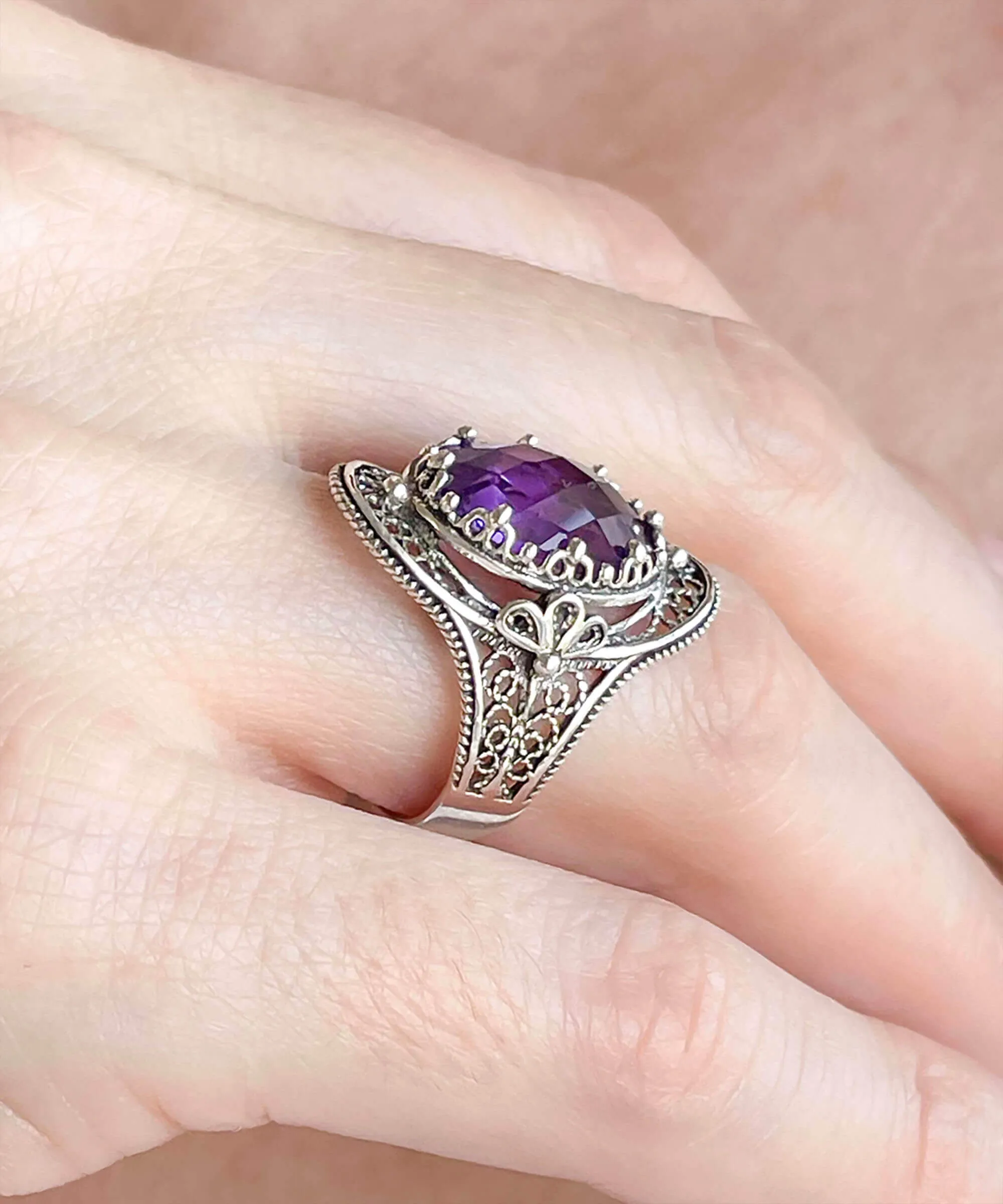 Amethyst Gemstone Filigree Art Women Silver Statement Ring