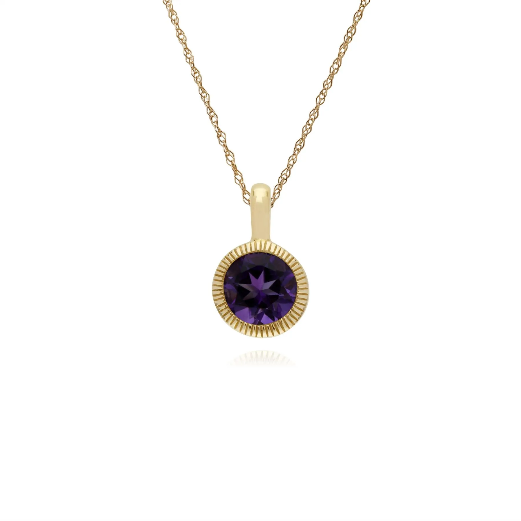 Amethyst Halskette, 9 Karat Gelbgold Amethyst Einzel Stein Rund Milgrain Anhänger auf 45cm Kette