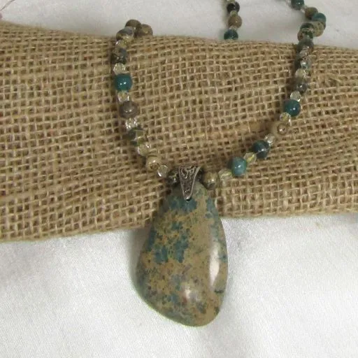 Aqua Terra Jasper Necklace  Earrings and Leather Bracelet Jewelry Set