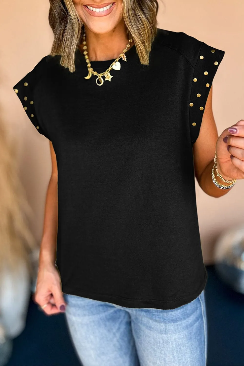 Black Tee with Gold Studs and Short Sleeves