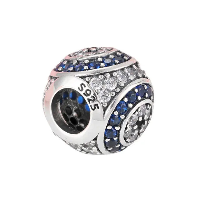 Blue & White Crystal Evil Eye Bead Charm 925 Sterling Silver