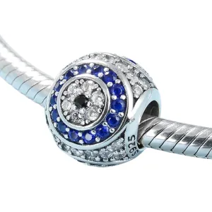 Blue & White Crystal Evil Eye Bead Charm 925 Sterling Silver