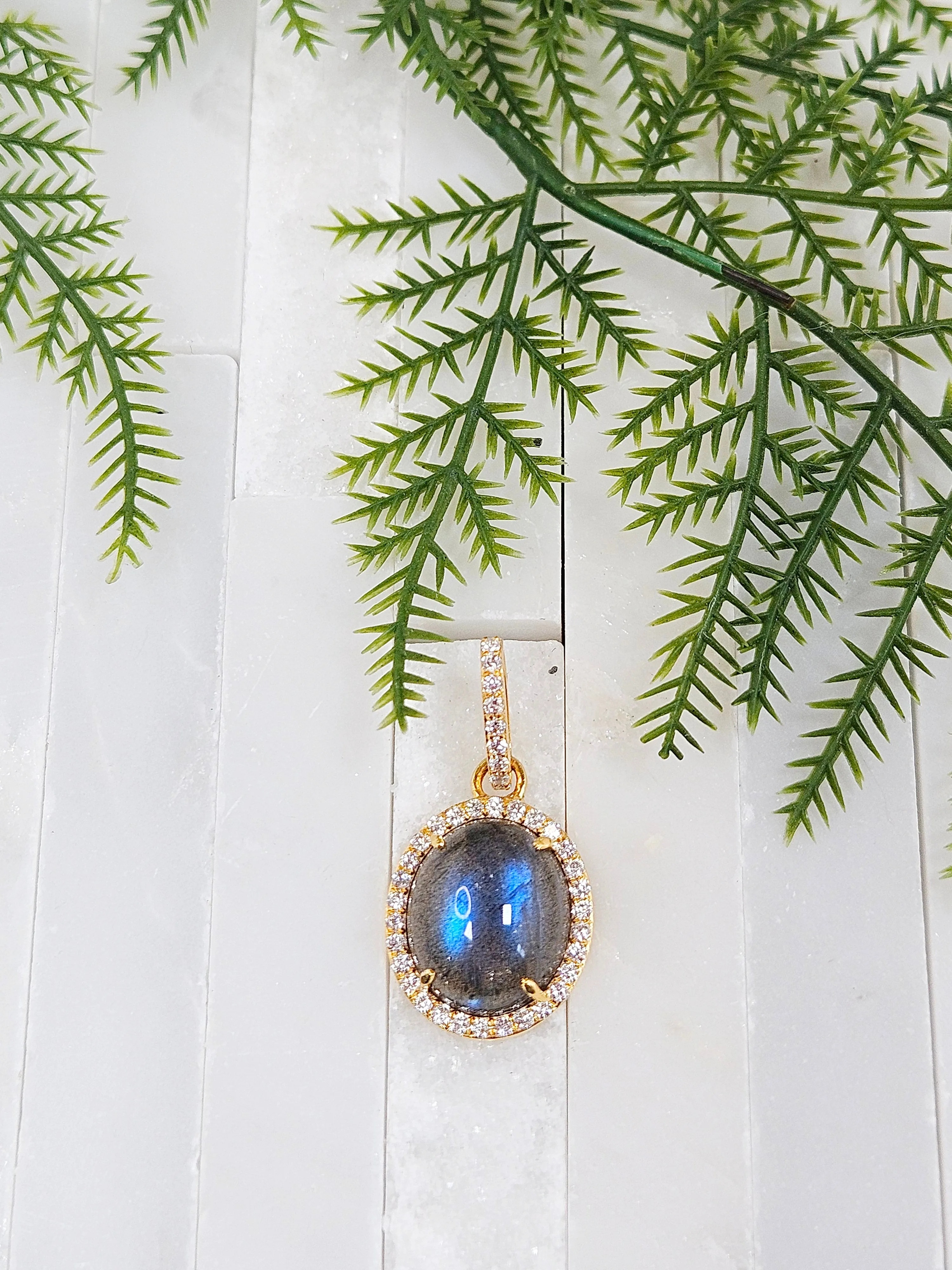 Blue Labradorite Diamond Halo Gemstone 18K Gold Pendant Charm