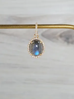 Blue Labradorite Diamond Halo Gemstone 18K Gold Pendant Charm