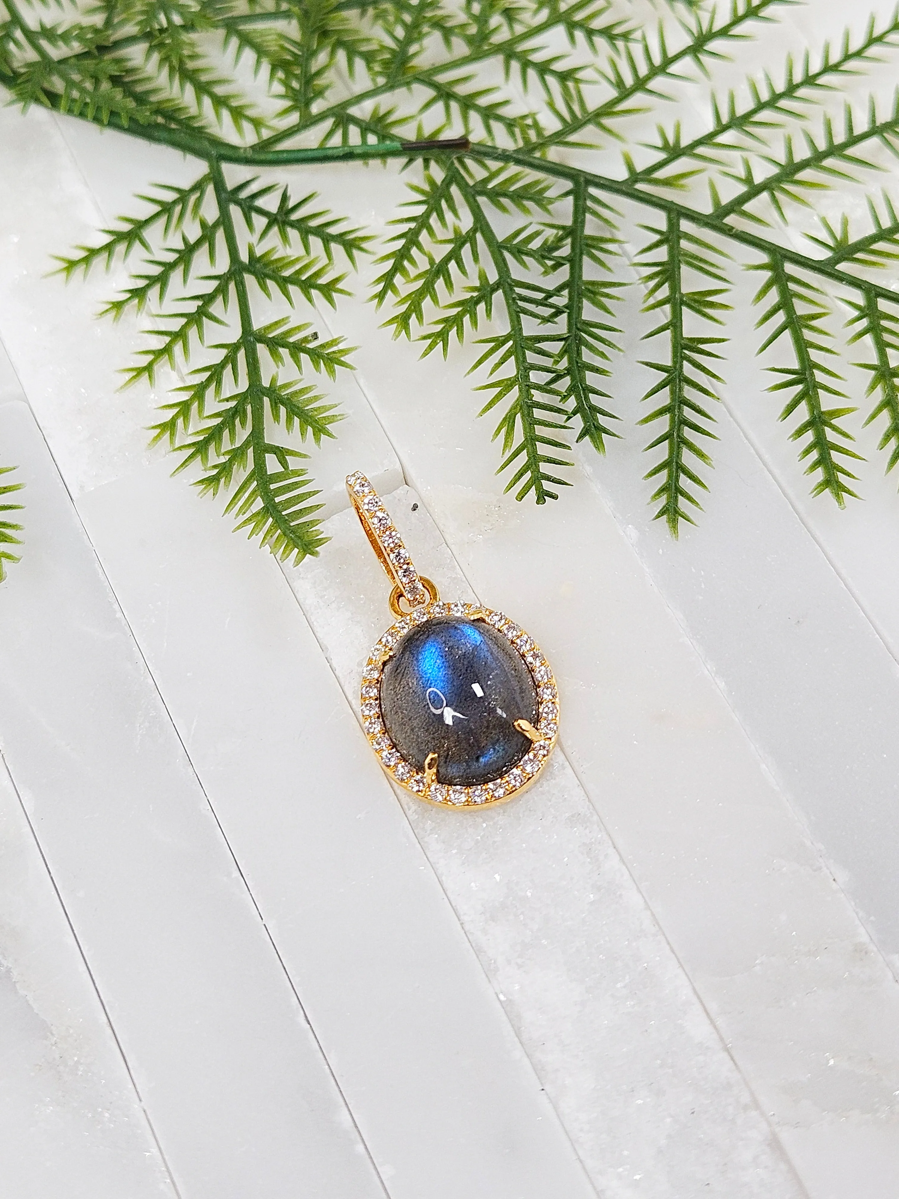 Blue Labradorite Diamond Halo Gemstone 18K Gold Pendant Charm