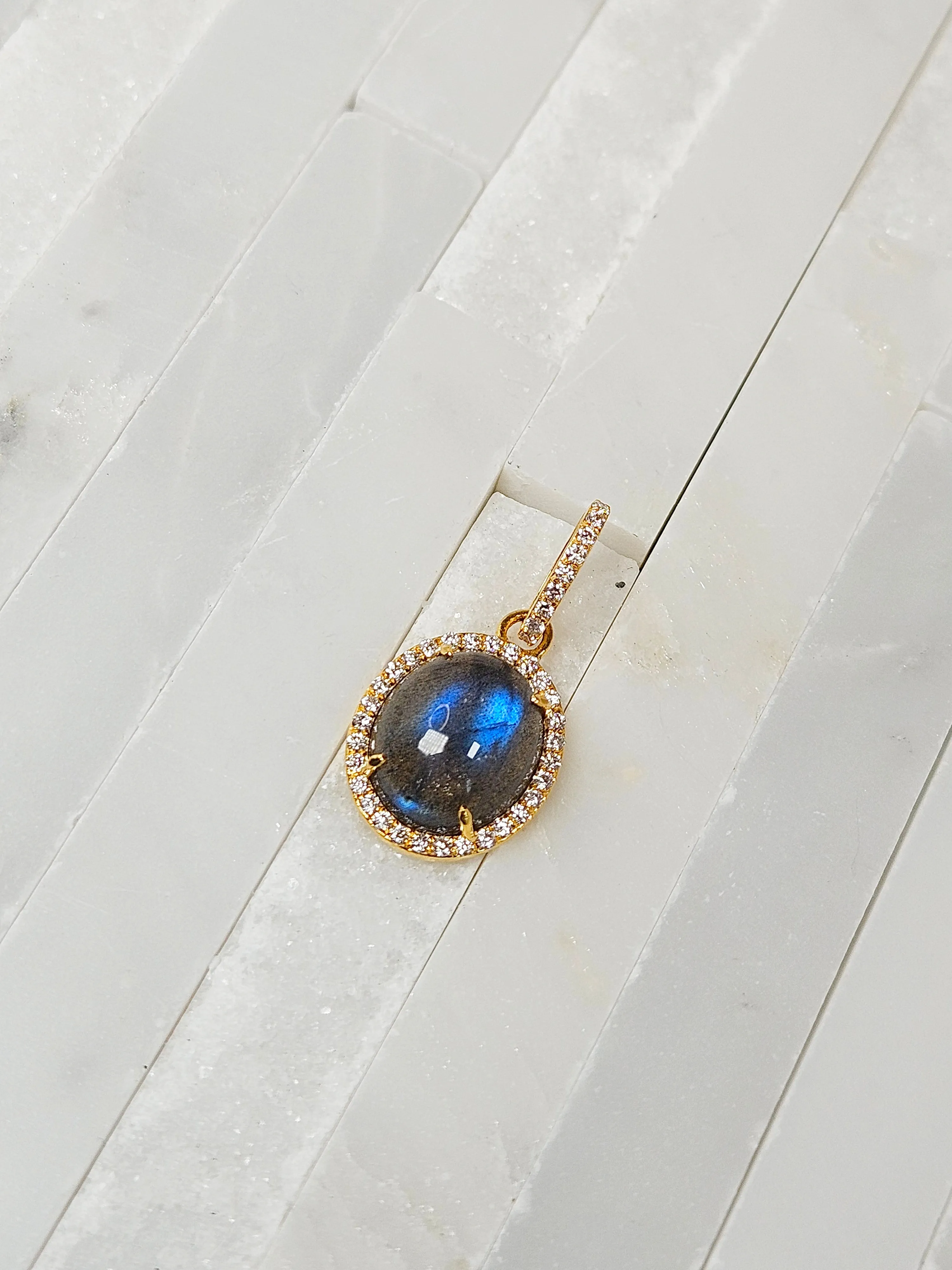 Blue Labradorite Diamond Halo Gemstone 18K Gold Pendant Charm