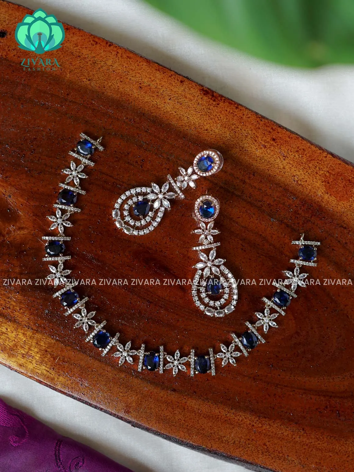 BLUE - OVAL SEMI BRIDAL SUBTLE GOLD FINISH  - stylish and minimal elegant neckwear with earrings- Zivara FashioN