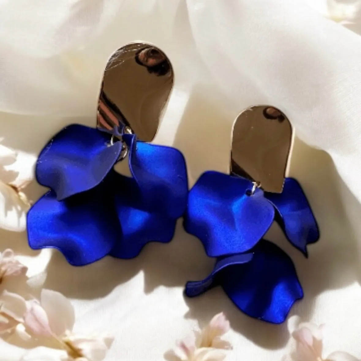 Blue - Royal blue flower earrings | iridescent petals dangle earrings | unique golden spiral floral earrings | bridal party wedding earrings Inactive