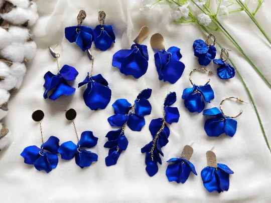 Blue - Royal blue flower earrings | iridescent petals dangle earrings | unique golden spiral floral earrings | bridal party wedding earrings Inactive