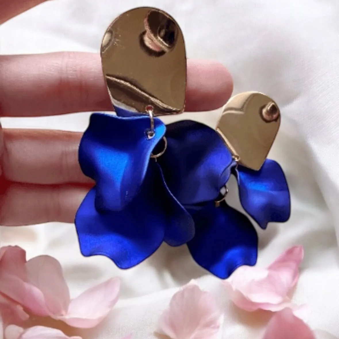 Blue - Royal blue flower earrings | iridescent petals dangle earrings | unique golden spiral floral earrings | bridal party wedding earrings Inactive