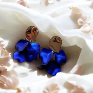 Blue - Royal blue flower earrings | iridescent petals dangle earrings | unique golden spiral floral earrings | bridal party wedding earrings Inactive