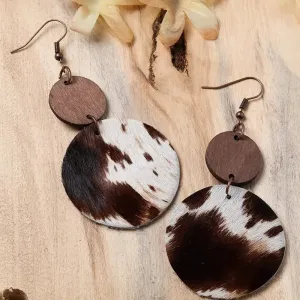 Brown And White Cowhide Leather and Wood Earrings