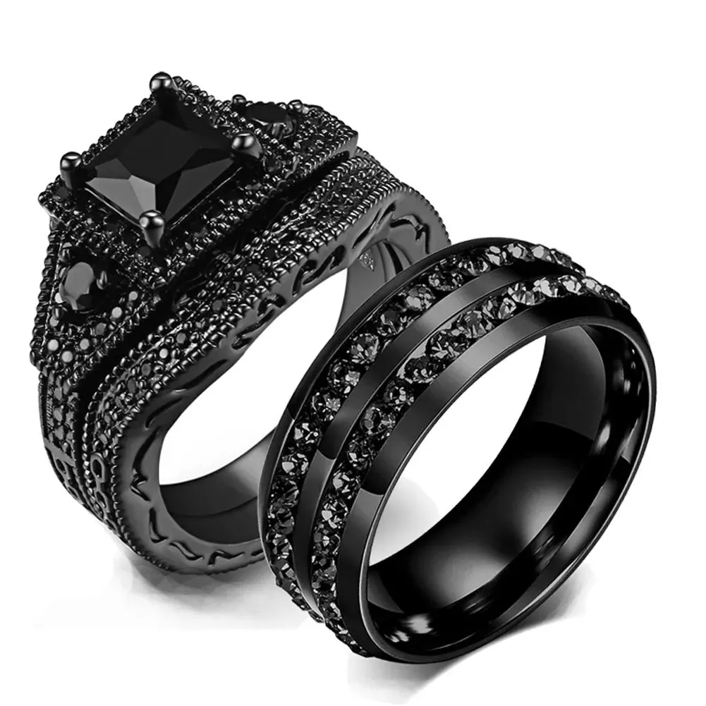 Charm Couple Rings Romantic Black Rhinestones Female Rings Set Mens Two Rows Black CZ Stone Stainless Steel Ring Wedding Jewelry