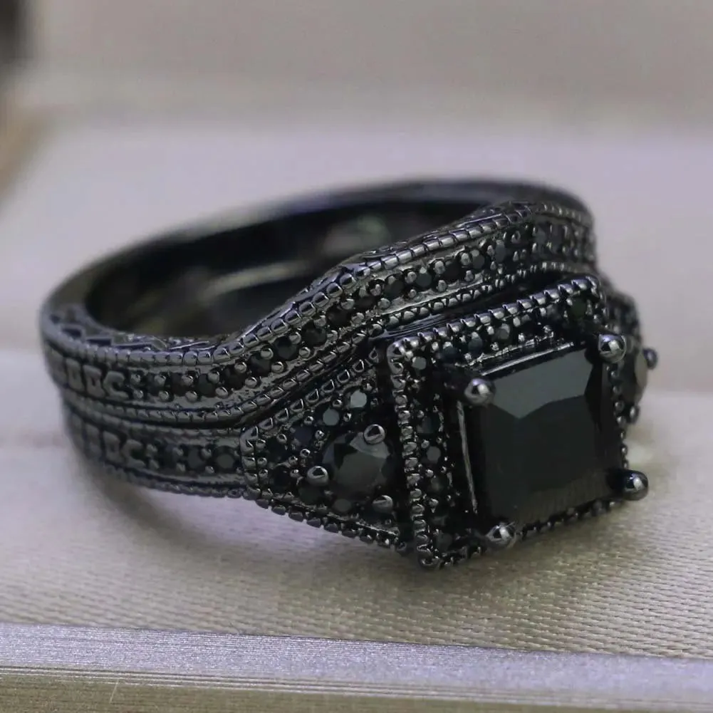 Charm Couple Rings Romantic Black Rhinestones Female Rings Set Mens Two Rows Black CZ Stone Stainless Steel Ring Wedding Jewelry