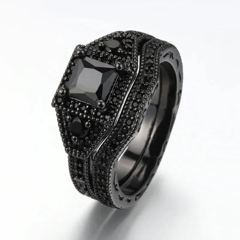 Charm Couple Rings Romantic Black Rhinestones Female Rings Set Mens Two Rows Black CZ Stone Stainless Steel Ring Wedding Jewelry