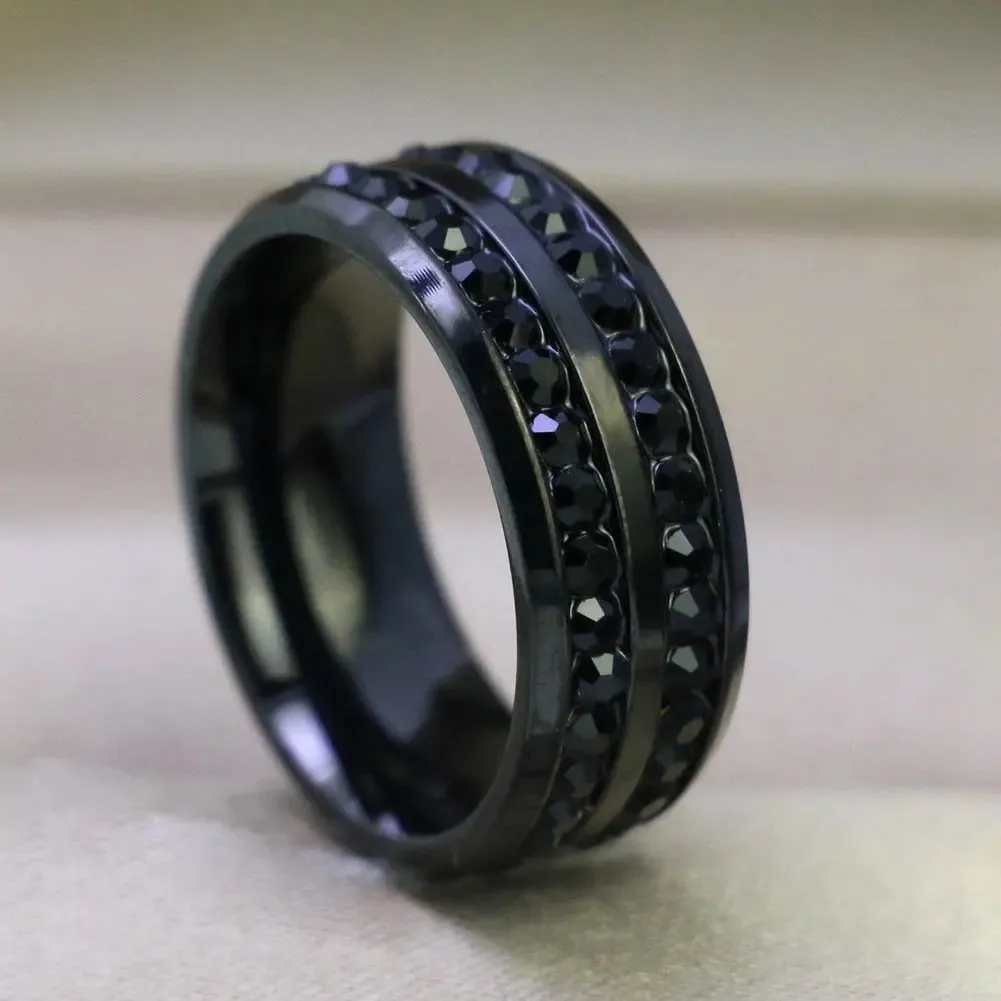 Charm Couple Rings Romantic Black Rhinestones Female Rings Set Mens Two Rows Black CZ Stone Stainless Steel Ring Wedding Jewelry