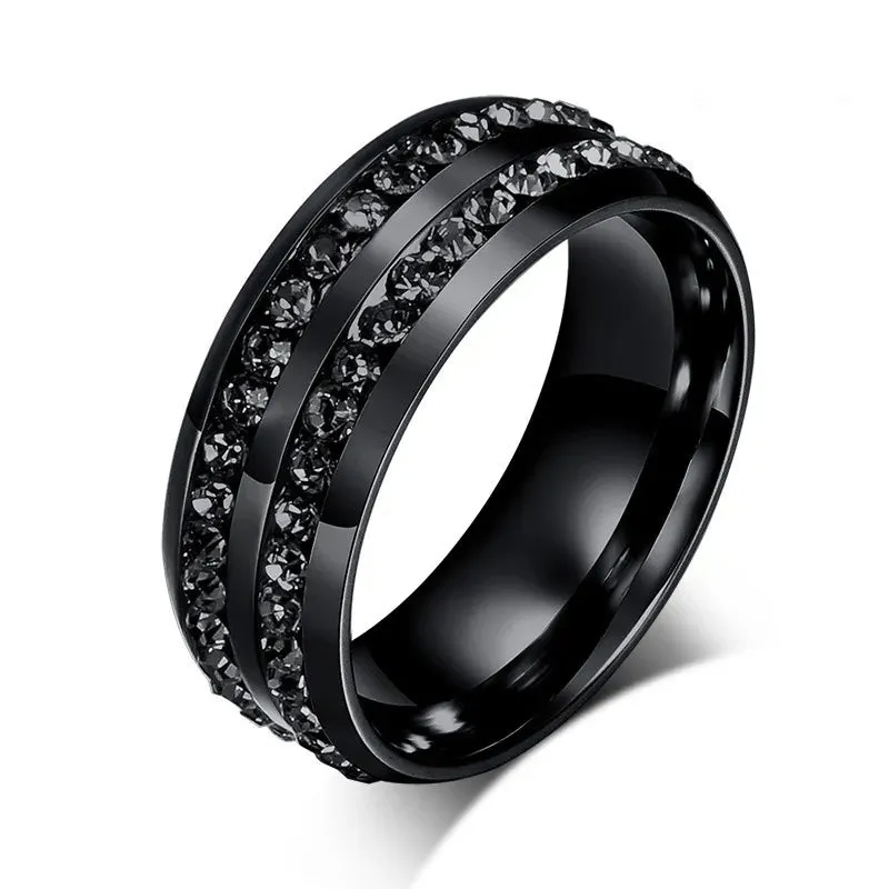 Charm Couple Rings Romantic Black Rhinestones Female Rings Set Mens Two Rows Black CZ Stone Stainless Steel Ring Wedding Jewelry