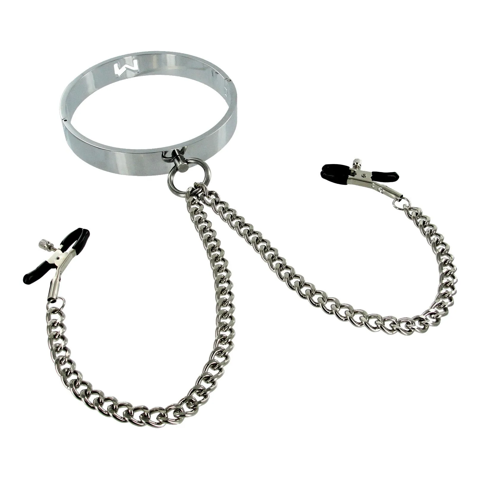 Chrome Slave Collar with Nipple Clamps - SmallMedium