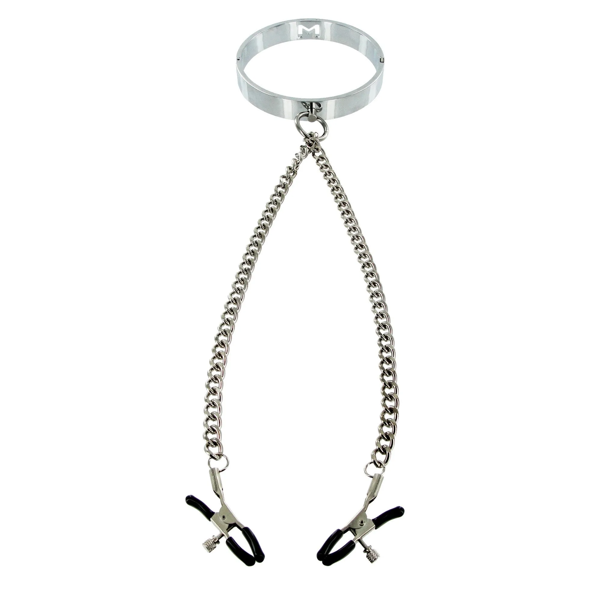 Chrome Slave Collar With Nipple Clamps - Smallmedium