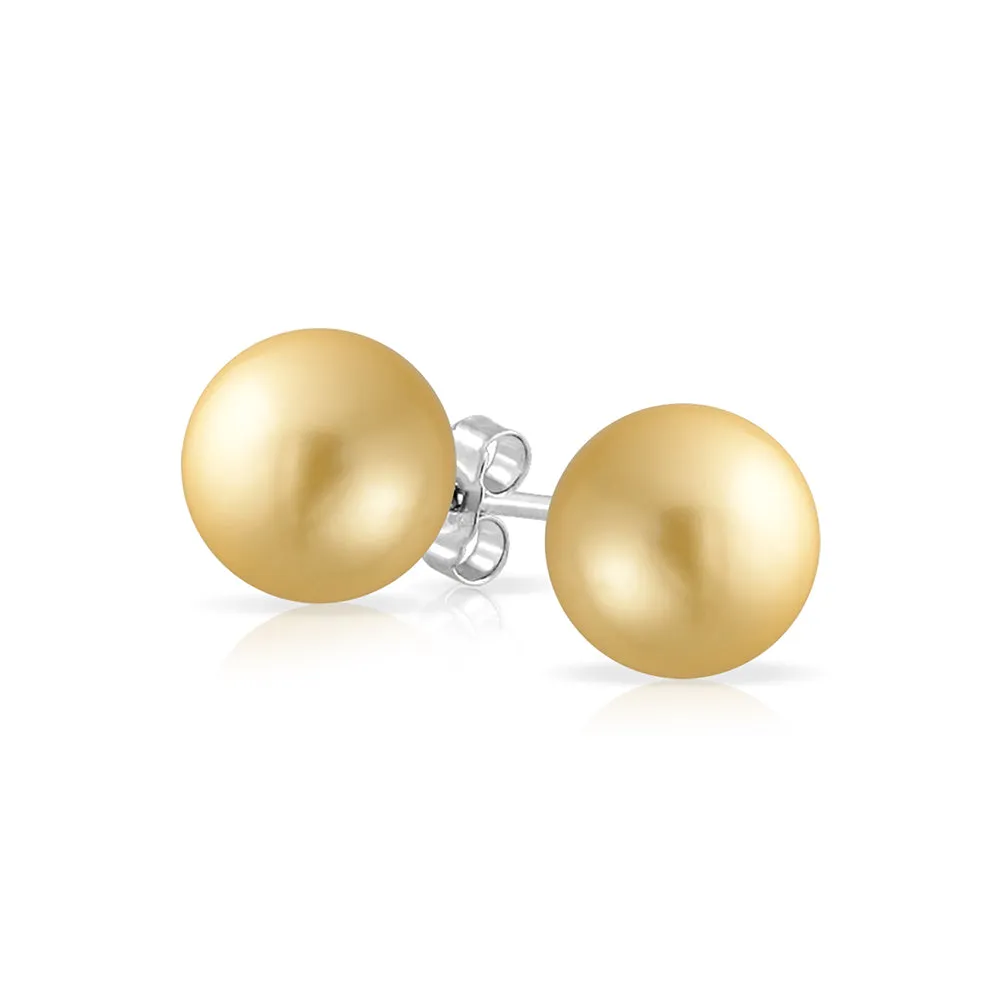 Classic Light Golden Yellow Simulated Pearl Drop Ball Earrings Sterling Silver 10MM