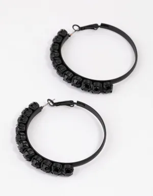 Coated Black Half Stone Hoop Earrings