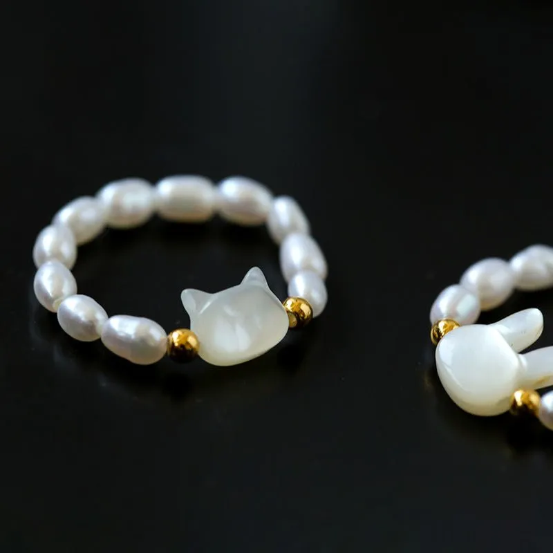 Cute Rabbit Cat Pearl Black Spinel Stretch Ring