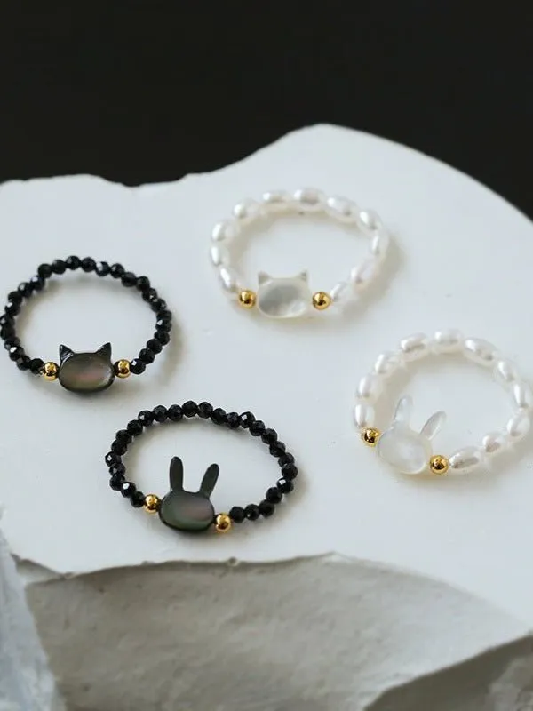 Cute Rabbit Cat Pearl Black Spinel Stretch Ring