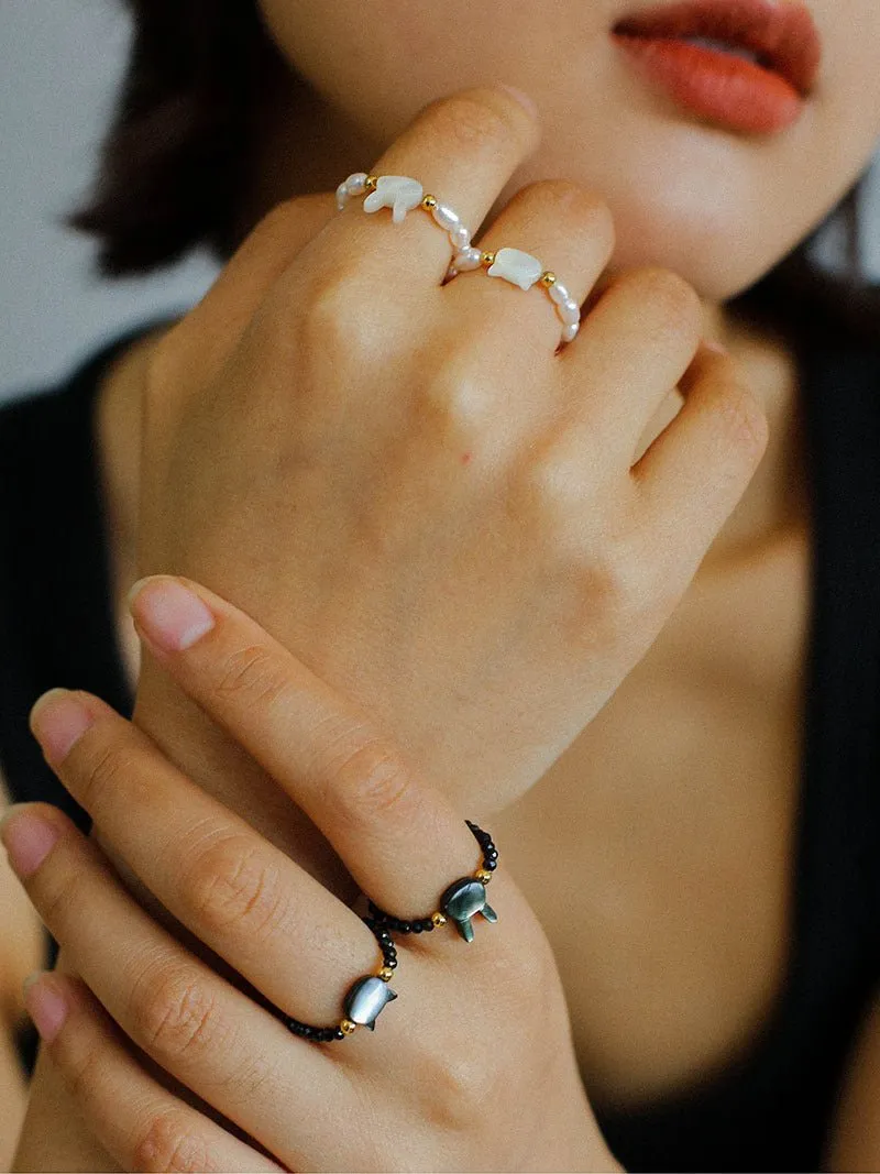 Cute Rabbit Cat Pearl Black Spinel Stretch Ring